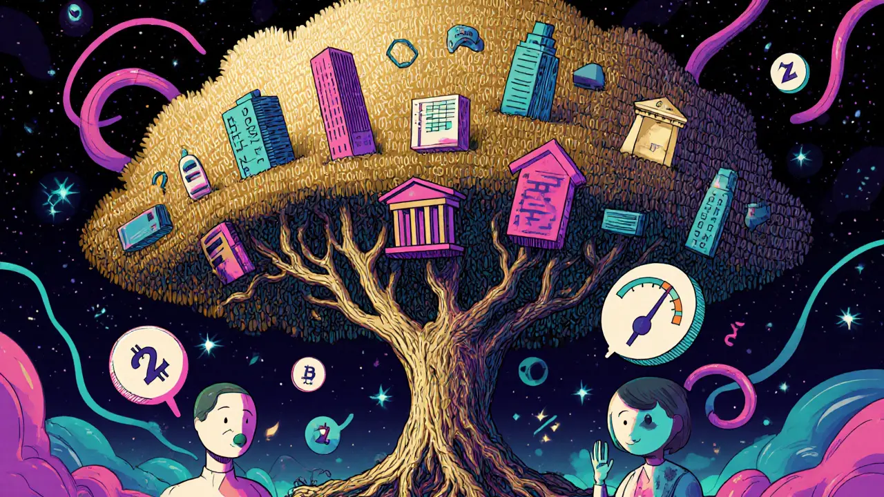 Tree with blockchain roots and tokenized branches, guided by AI assistants in psychedelic Wes Wilson style.