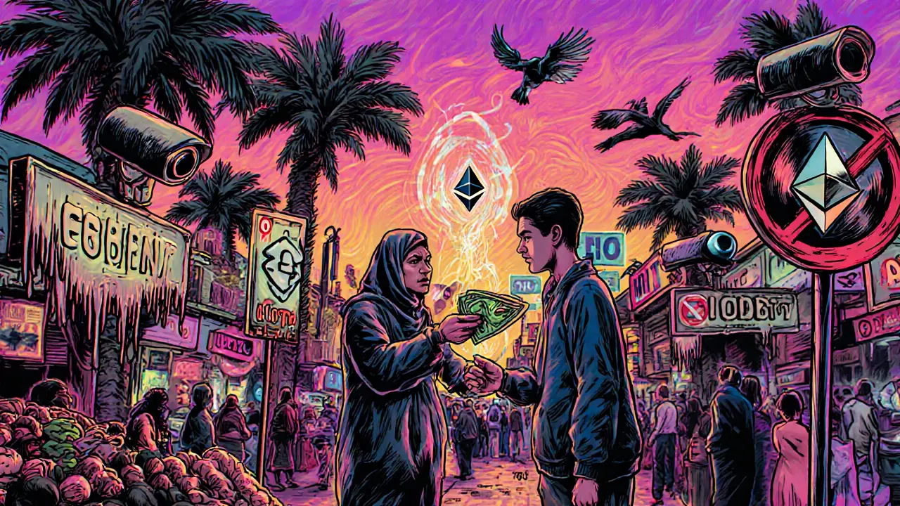 Two people exchanging cash in a market while digital crypto symbols float between them under watchful surveillance cameras.