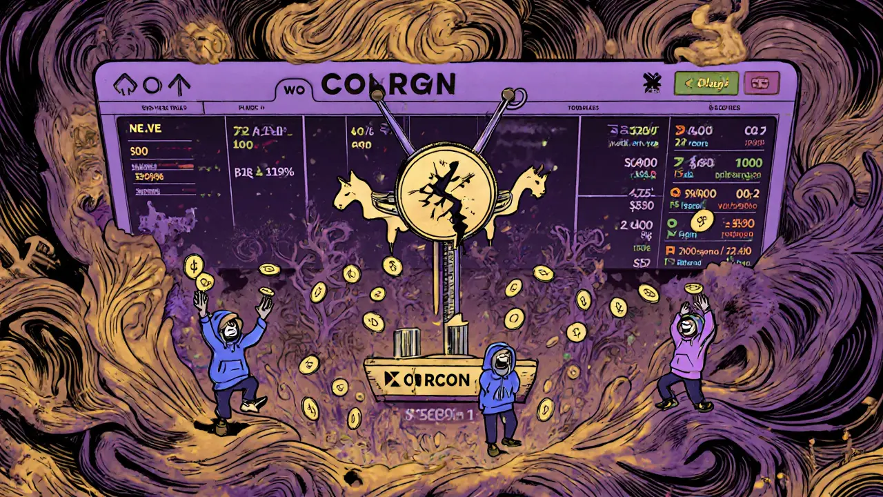 A broken crypto exchange dashboard with <h2>Is It Still Worth Participating?</h2> volume and tokens falling into a void labeled &#039;CorgiR Real Estate&#039;.