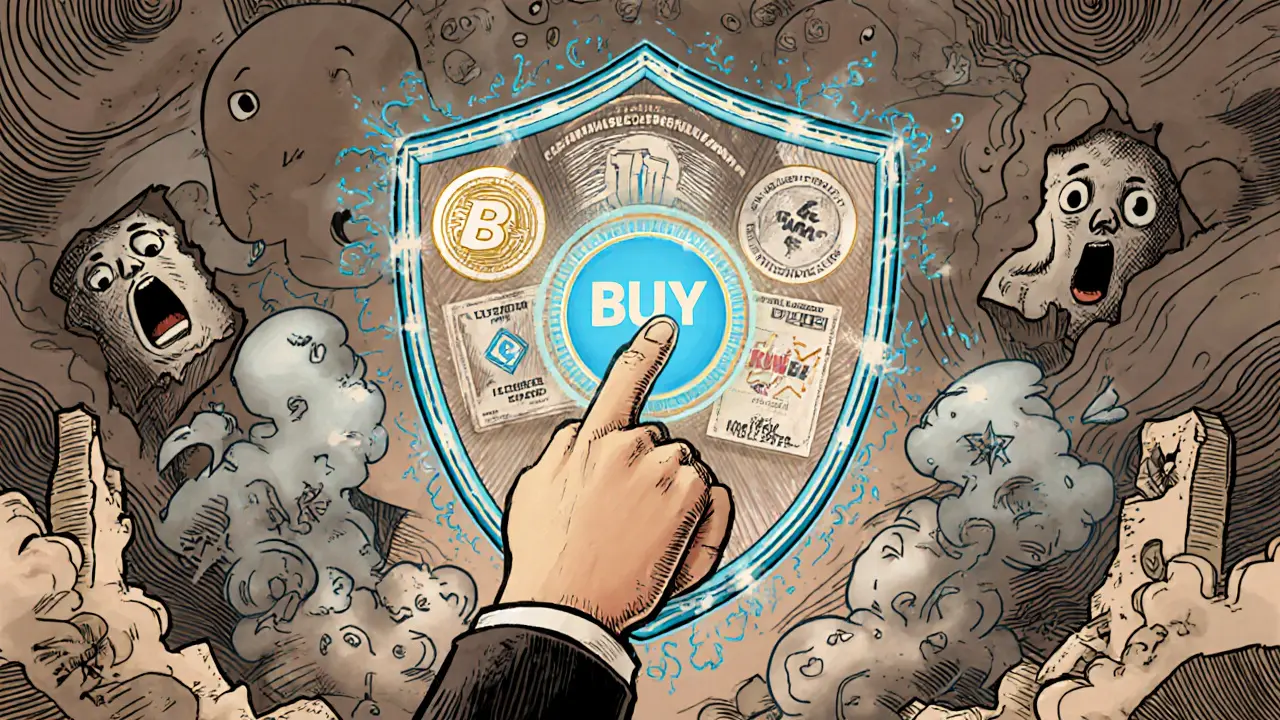 A consumer buys crypto safely under a shield of protection as failed platforms crumble behind them.