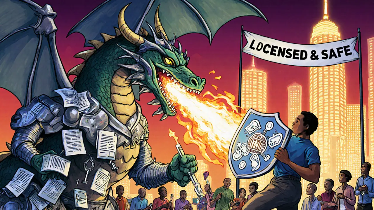A crypto startup battles an SEC dragon with cold storage keys and 2FA shields under a &#039;Licensed &amp; Safe&#039; banner.