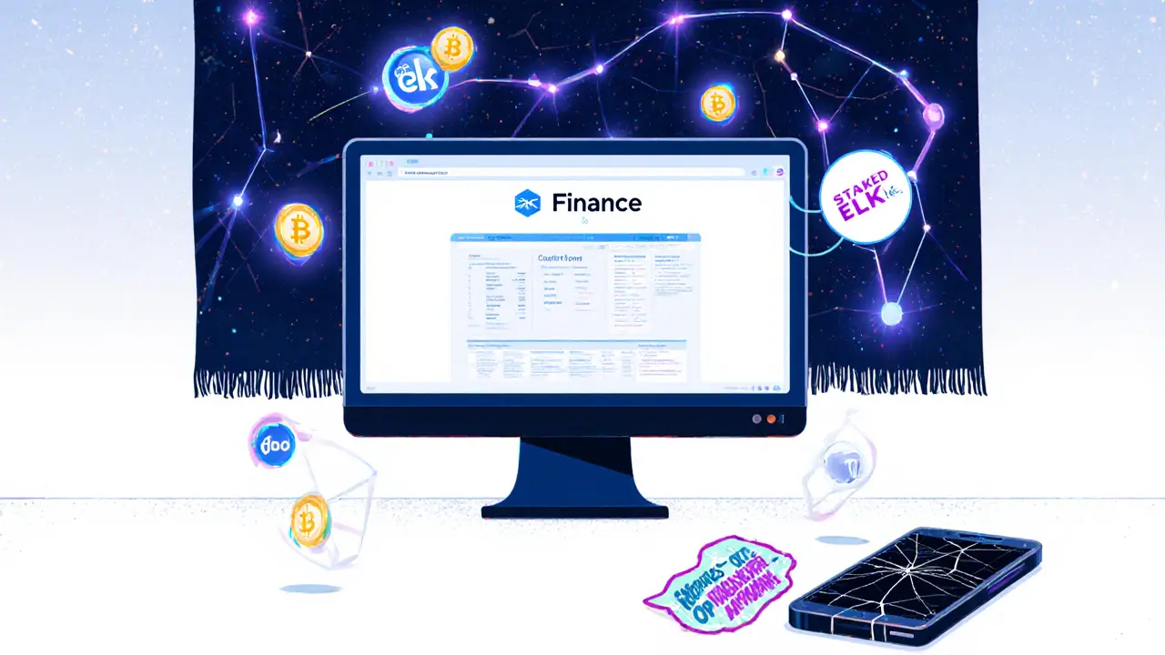 A desktop screen shows Elk Finance with floating ELK tokens and a roadmap to other blockchains, a phone discarded nearby.