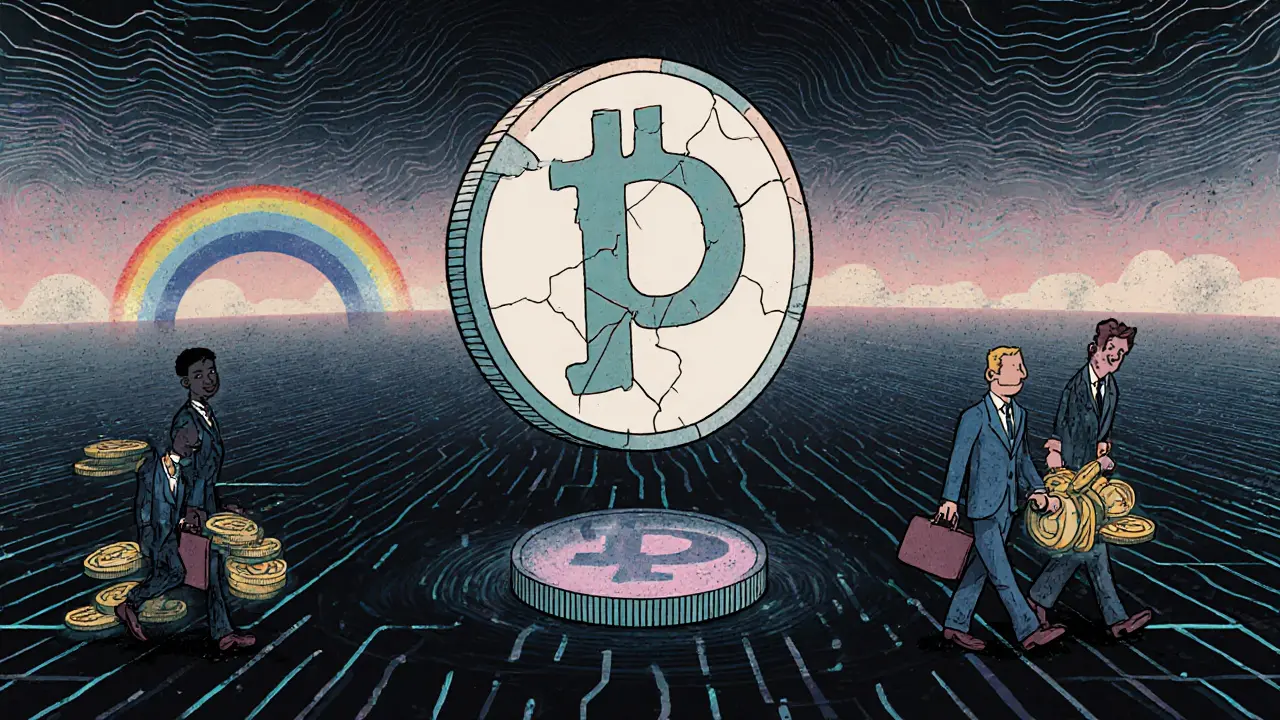 A ghostly POG token spinning in empty digital space, with figures walking away with stolen crypto.