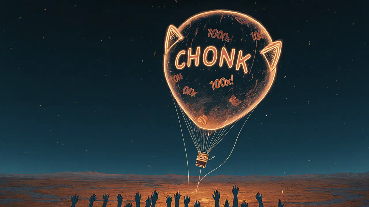 A hollow CHONK balloon drifts over a barren digital wasteland, tethered to desperate hands reaching upward.