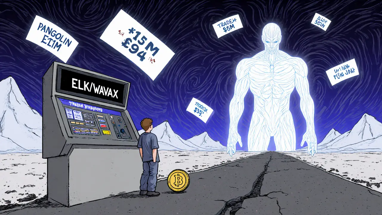 A lone user faces an empty trading terminal while giant DEXs tower in the background with massive volume signs.