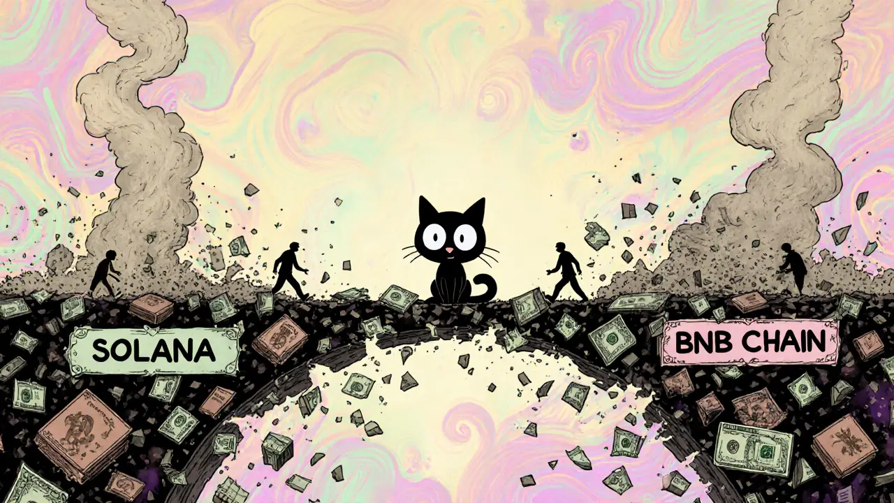 A lonely cartoon cat sits on a collapsing blockchain bridge, surrounded by fading chain icons and disappearing traders.