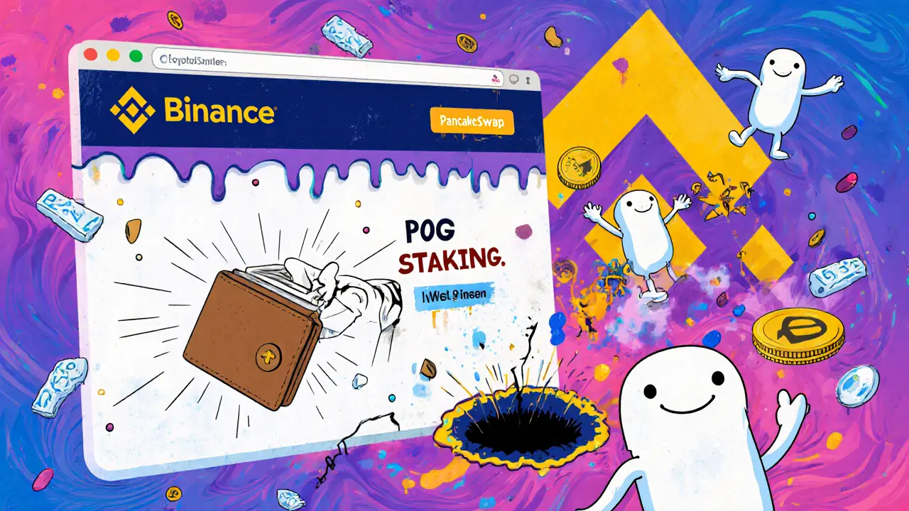 A wallet sending crypto to a black hole labeled &#039;POG STAKING&#039; with bots and a cracked Binance logo.