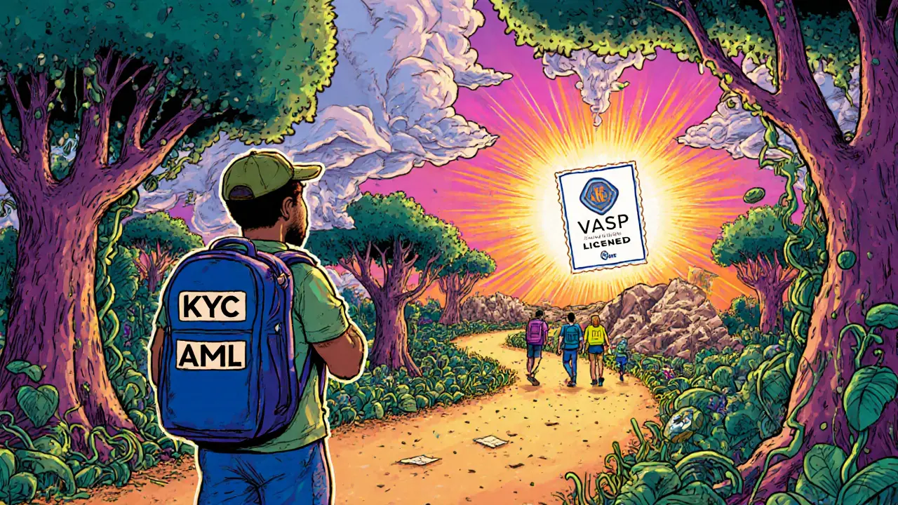 A winding psychedelic road through a blockchain jungle leading to a glowing VASP license at the end.