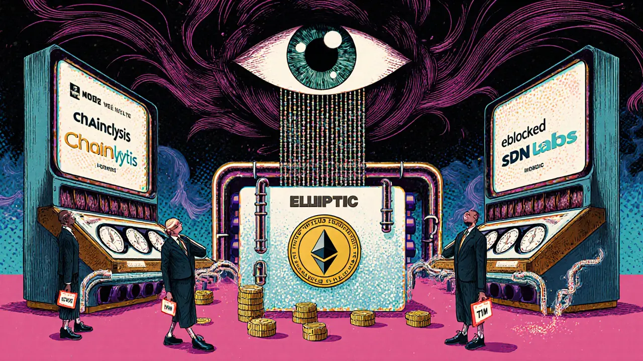 Employees using analog computers to channel crypto into a sealed blocked wallet under a watching Ethereum eye.