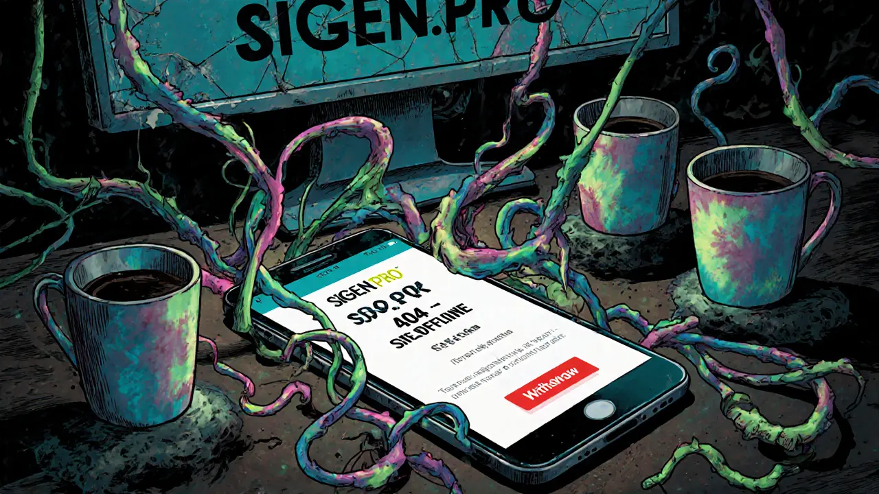 Frozen SIGEN.PRO app on a phone surrounded by decay, with fractal vines consuming the screen