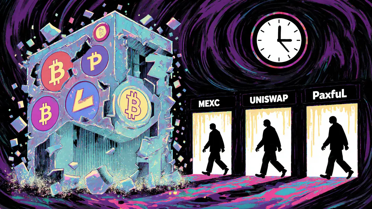 Ghostly crypto exchange crumbling into dust as users walk toward alternative platforms