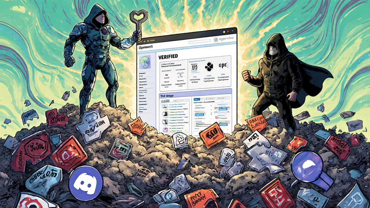 Heroic figure unlocks real HyperGraph testnet while scam websites crumble below.