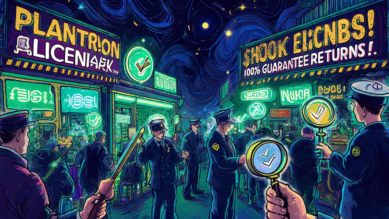 Licensed crypto platforms glow orderly while shady booths flicker with false promises in a vibrant marketplace.