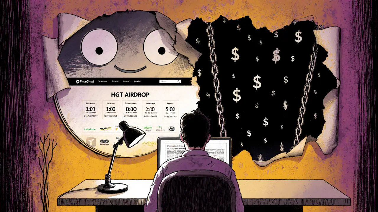 Person staring at fake HGT airdrop website as a hollow logo reveals a void behind them.
