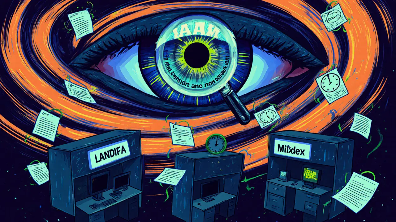 Three idle crypto companies watched by an all-seeing bank eye, floating amid compliance documents.