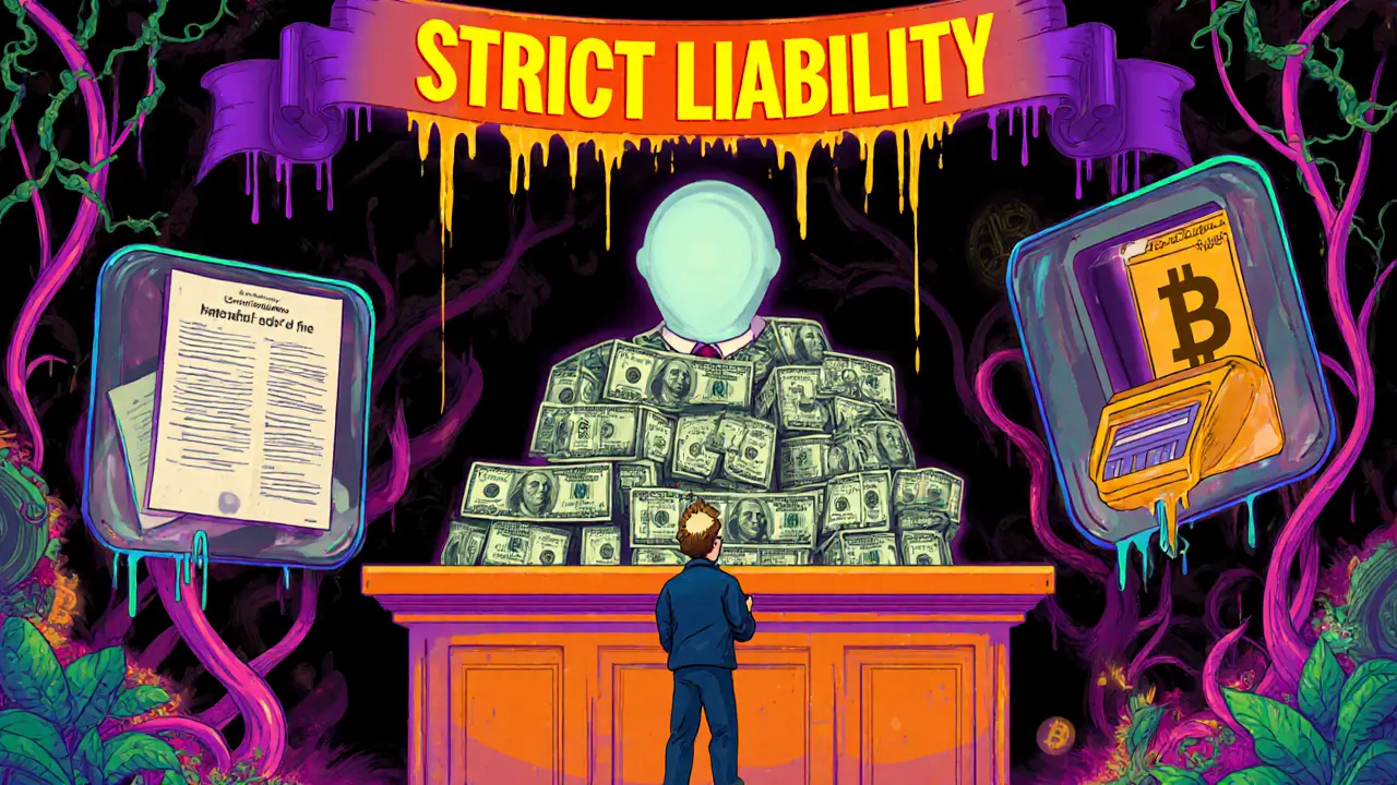 Tiny startup faces a giant OFAC judge made of money and blocks, surrounded by holograms of fines and melting ATMs.