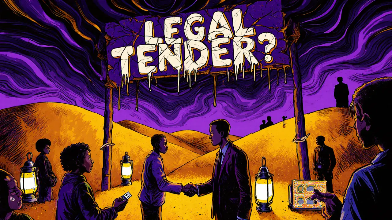 Underground crypto traders in the desert, beneath a faded &#039;NOT LEGAL&#039; sign, under flickering lights.