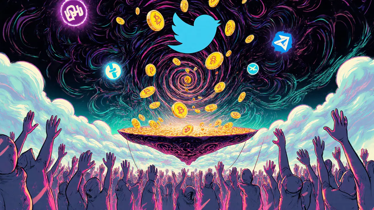 1,000 figures receiving raining RACA tokens at a cosmic airdrop ceremony with Twitter and Telegram symbols.