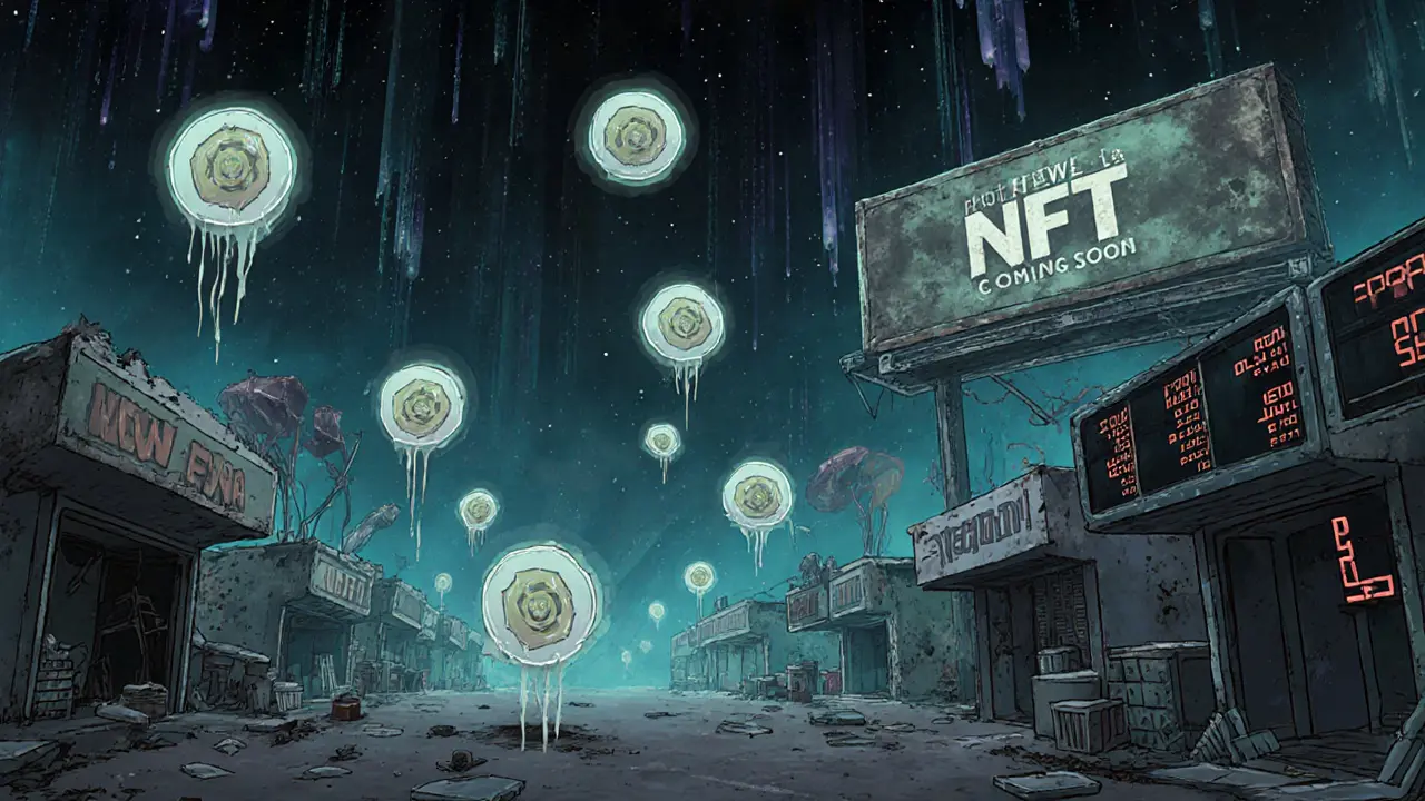 1,000 floating NFTs hang silently in an empty marketplace under a data-stream sky.