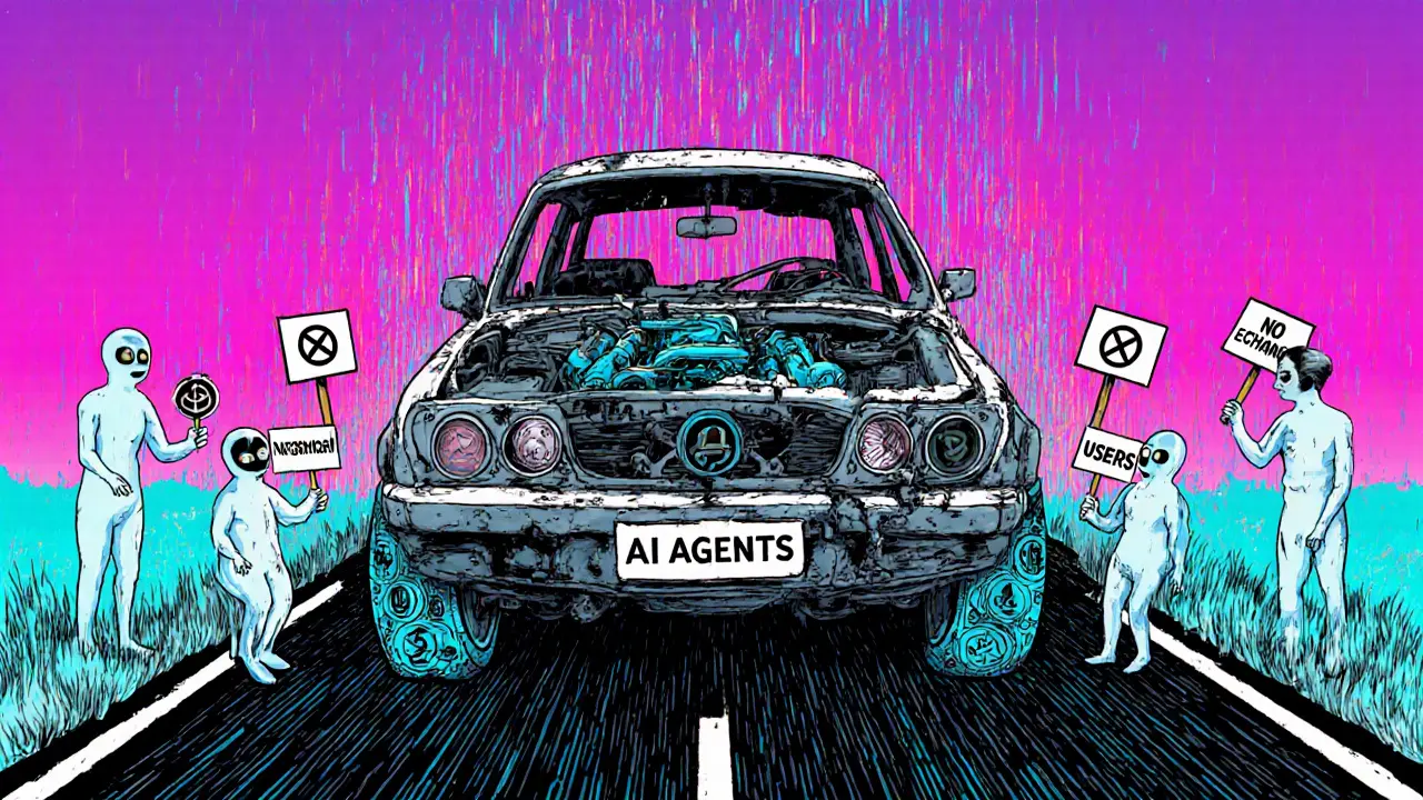 A car with an AI engine stranded on a road that disappears into static.