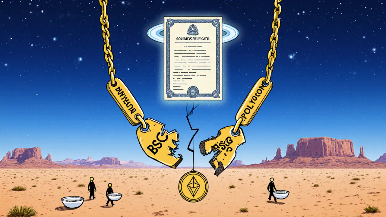 A cracked blockchain necklace with WSPP token hanging, above a desert where people carry empty bowls.