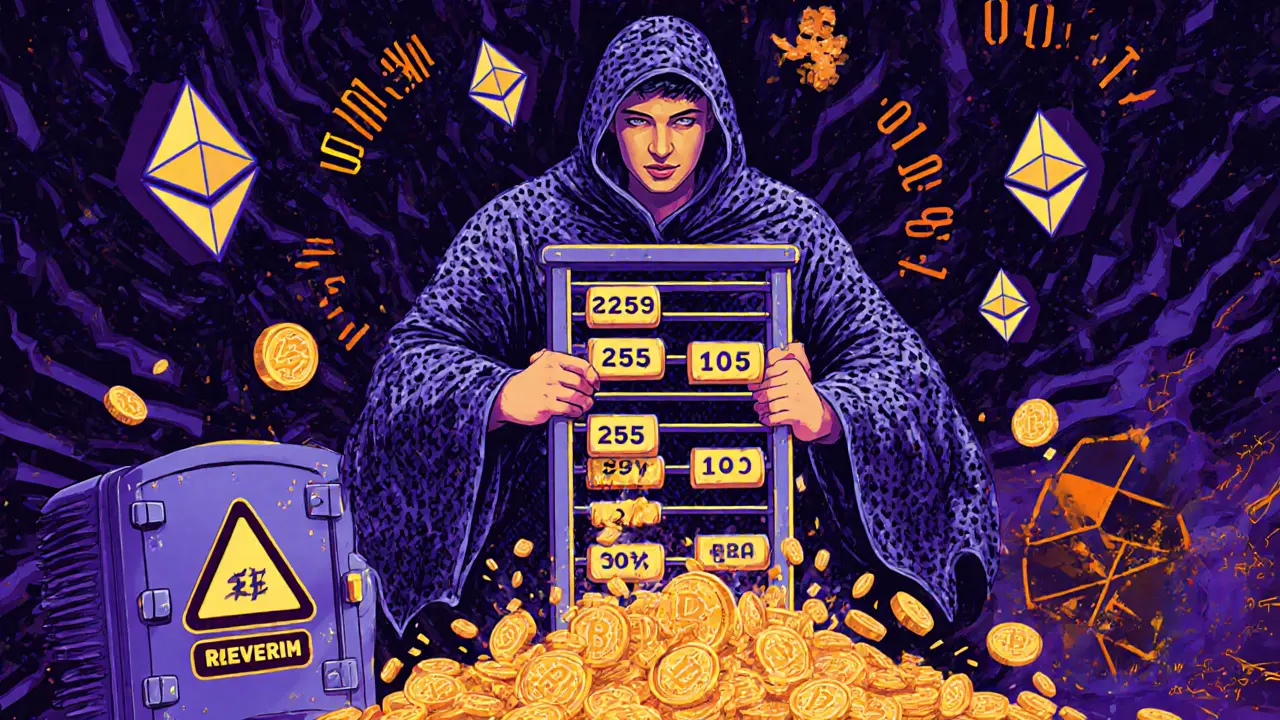 A hacker manipulates a giant abacus as tokens explode from an overflowed vault.