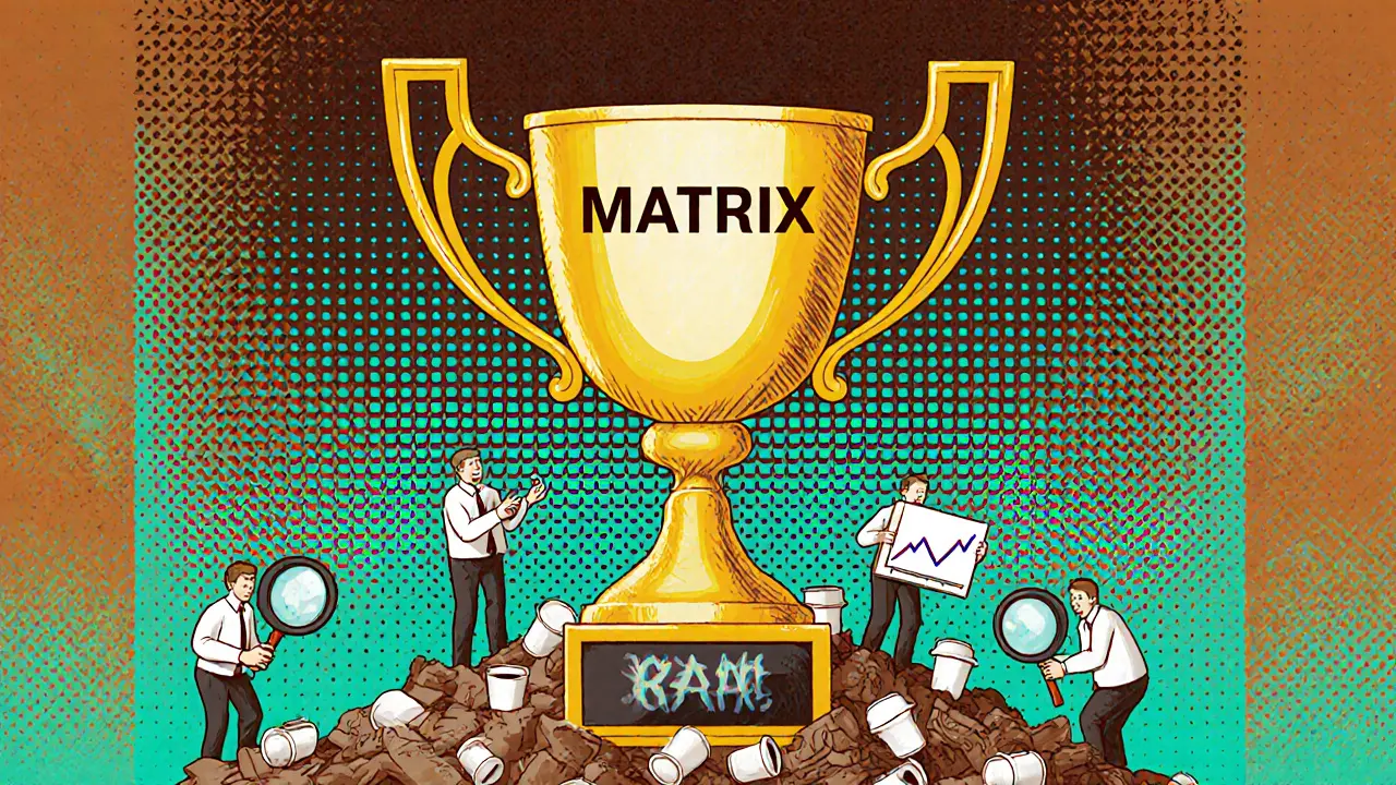 A hollow MATRIX trophy on a mountain of empty referral cups with tiny investors peering down.