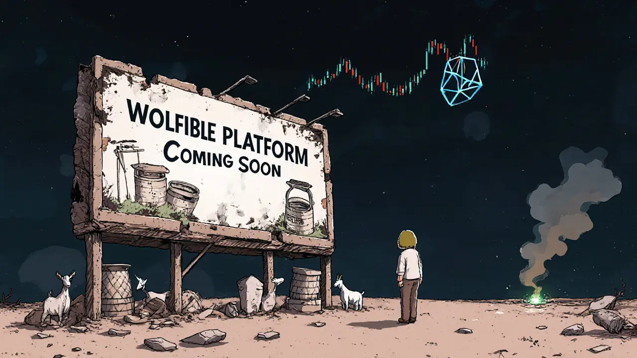 A lone figure facing a decayed &#039;Wolfible Platform&#039; billboard under a dark sky with a dying crypto chart below.