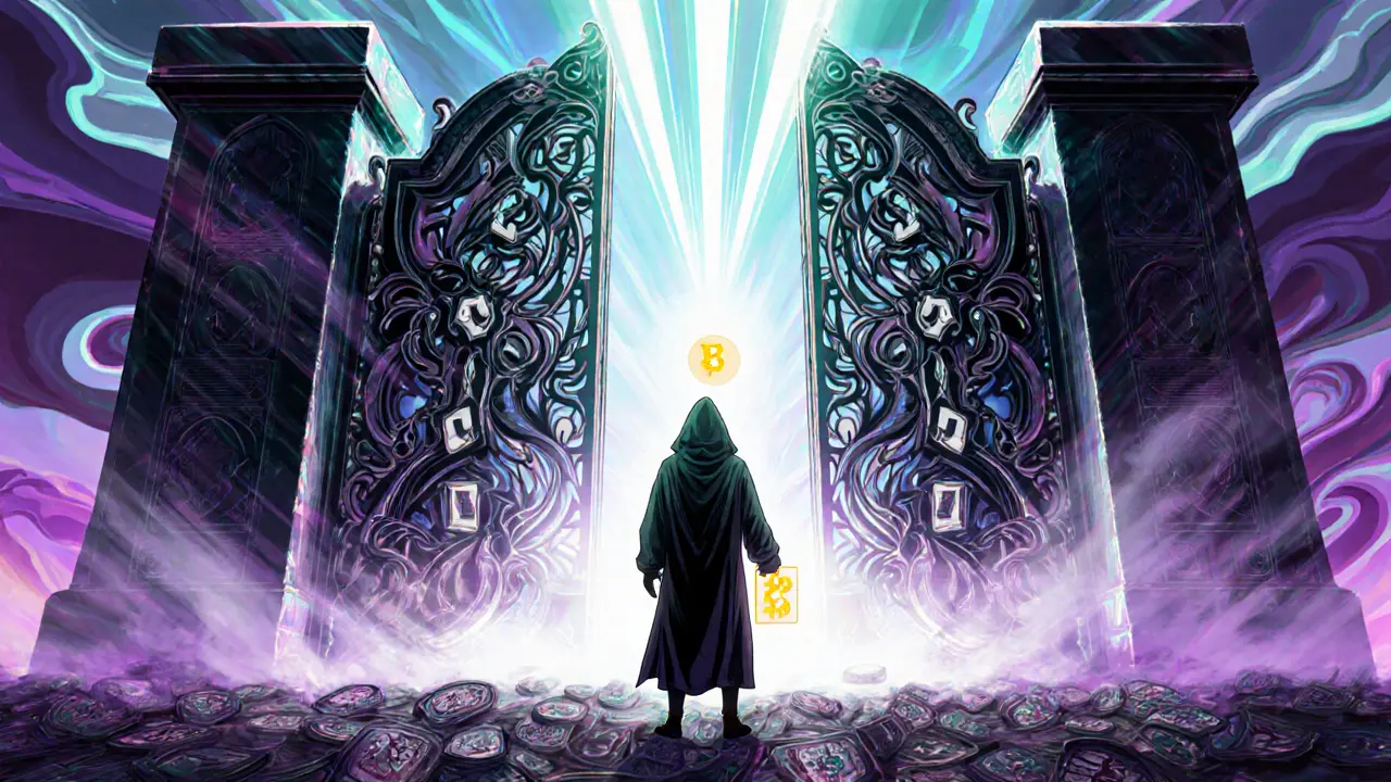 A lone figure holds a glowing S-NFT before a massive blockchain gate as other NFTs fade into mist.