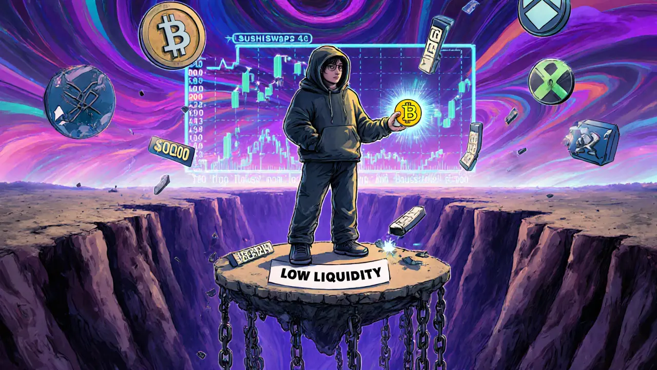 A lone investor standing on a fragile platform above a pit of falling trading volume bars, with a crashing BEPE price chart in the distance.