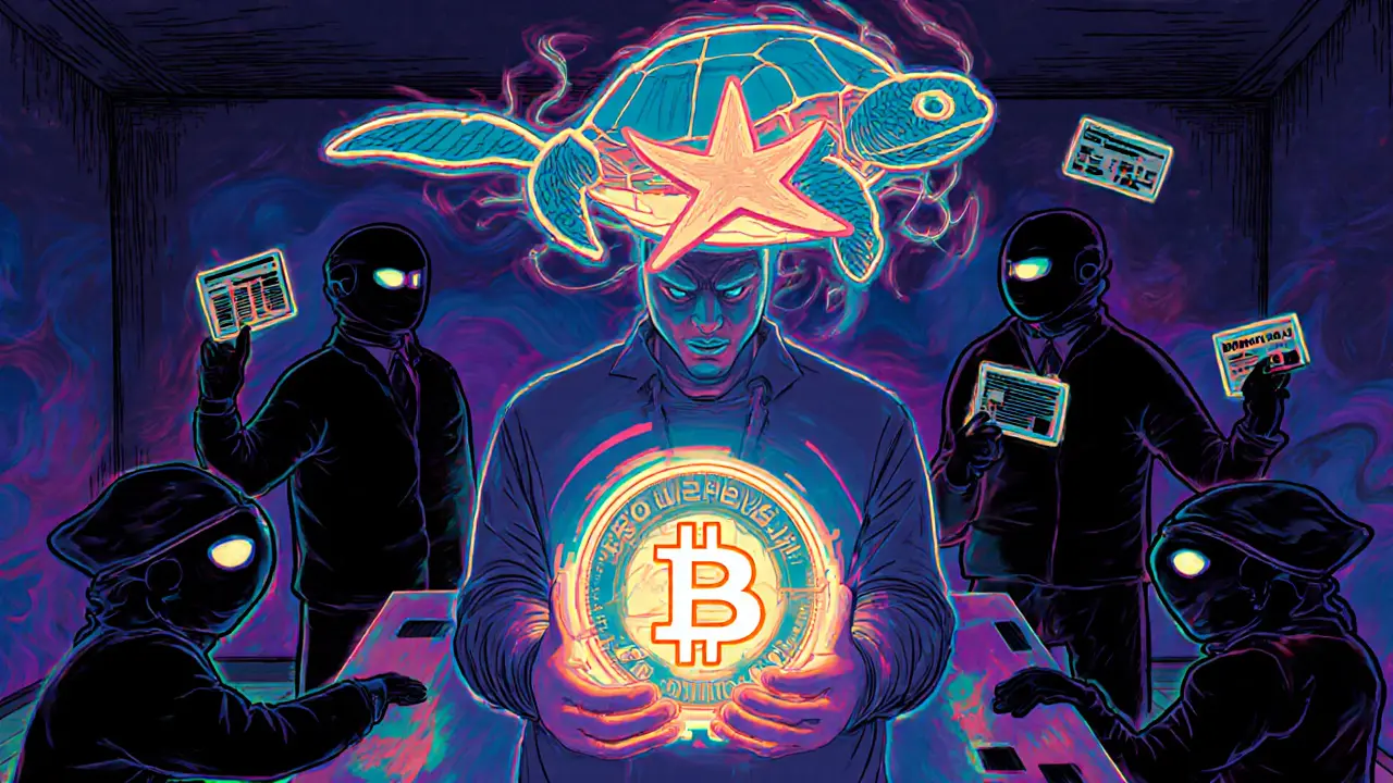 A person holding a MAN token that projects a turtle NFT avatar connected to brainwaves, with scammer shadows in background.