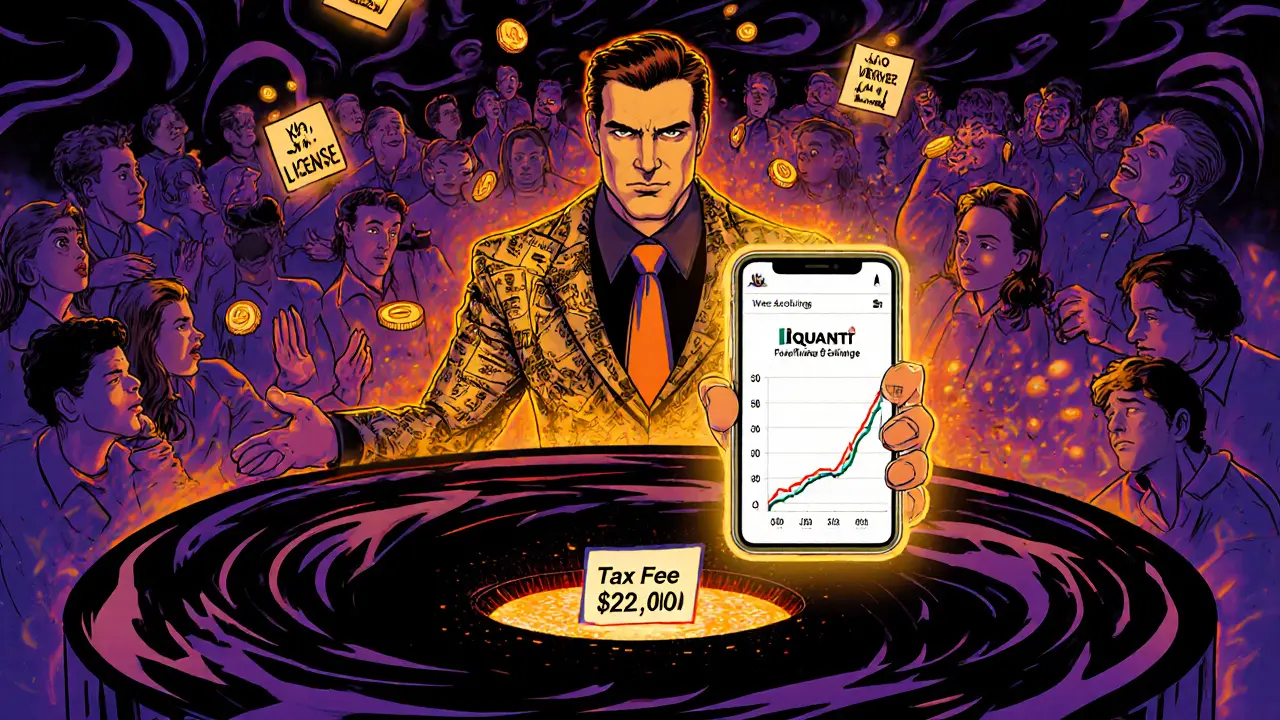 A scammer tricking users with a fake crypto app, leading them to a black hole labeled with fake fees in a swirling psychedelic scene.