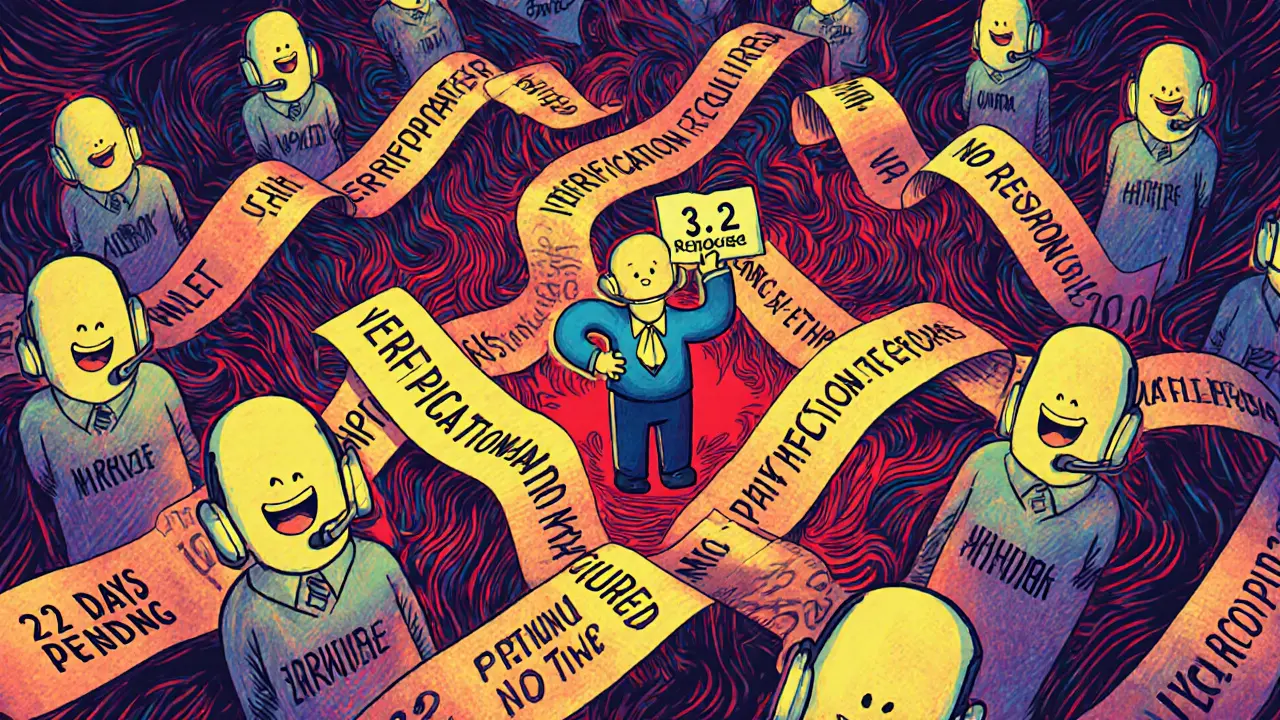 A user trapped in a maze of bureaucratic delays, surrounded by faceless support agents.