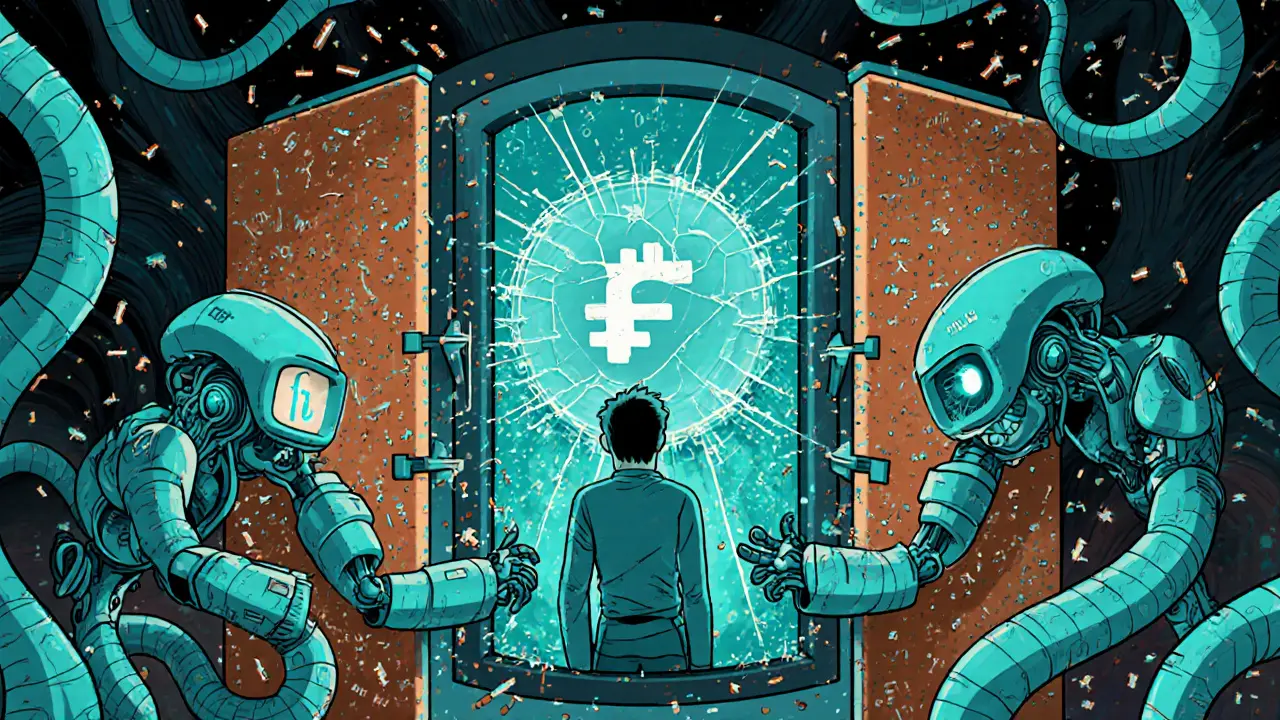 A user watches their balance vanish to zero inside a cracked DeFi vault, while audit tools scan for flaws.