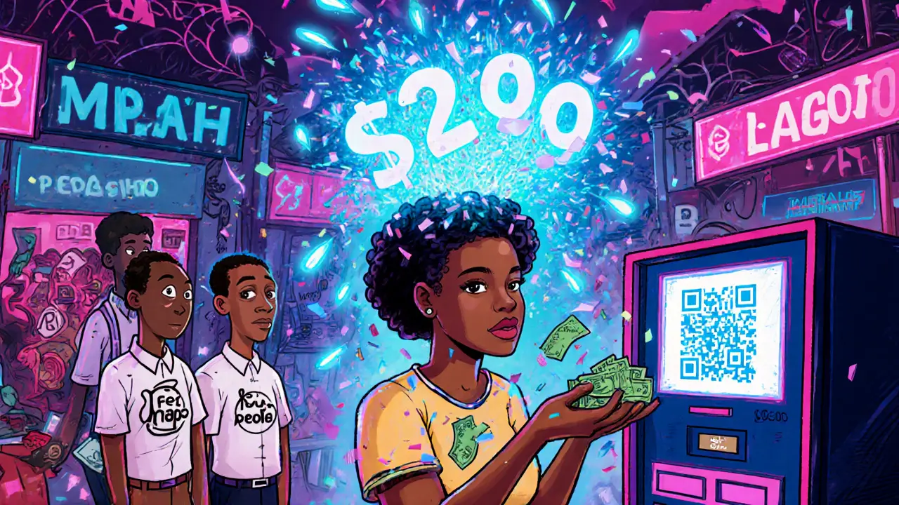 A woman in Lagos receiving cash from a crypto kiosk as traditional bank figures watch in shock.