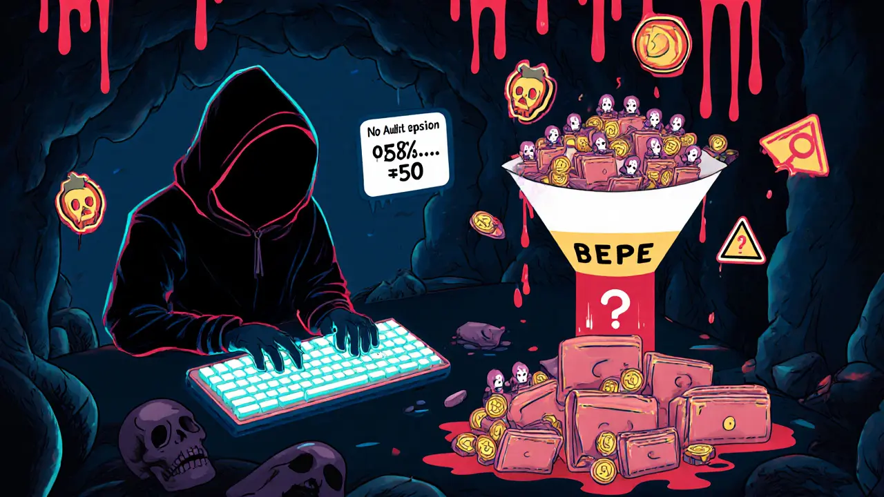 An anonymous figure in a cave typing a contract address while thousands of tiny wallets flow into a funnel marked by low holdings.