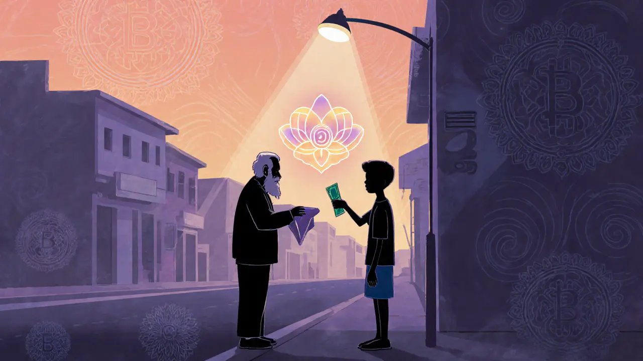 An elderly man receives digital USDT from a stranger at dawn, symbolized by a glowing lotus token in a quiet street corner.