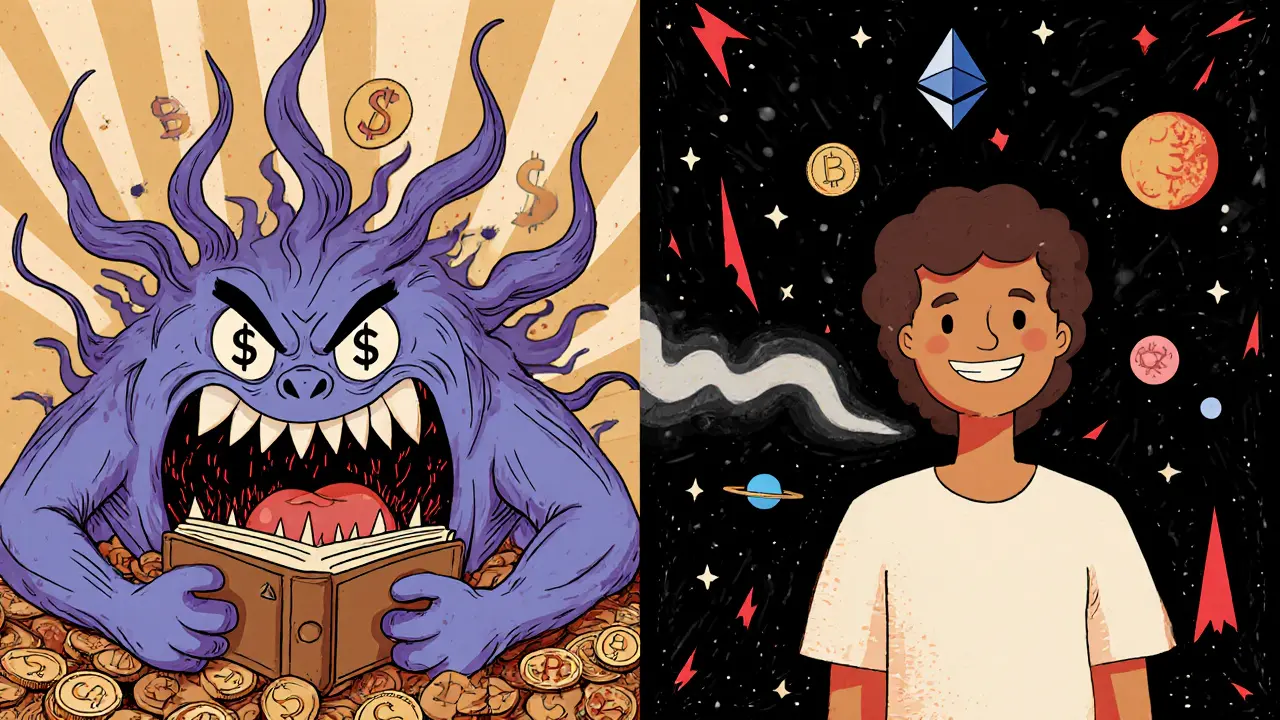 Ardor’s low fees contrasted with Ethereum’s high gas monster in psychedelic art.