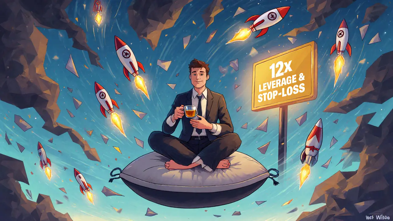 Calm trader surrounded by chaos, with safe trading practices glowing softly in the background.