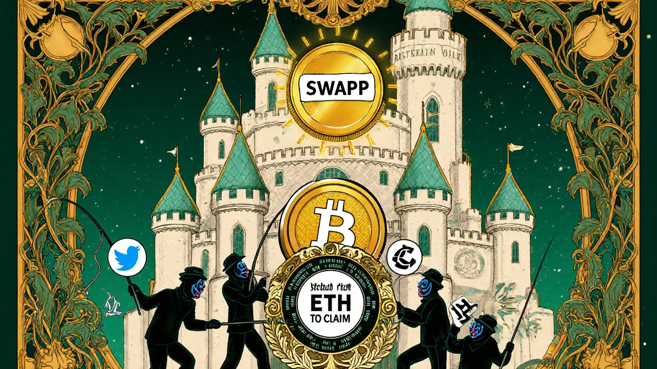 Castle of smart contracts with SWAPP token rising, scammer figures repelled by verification shields.