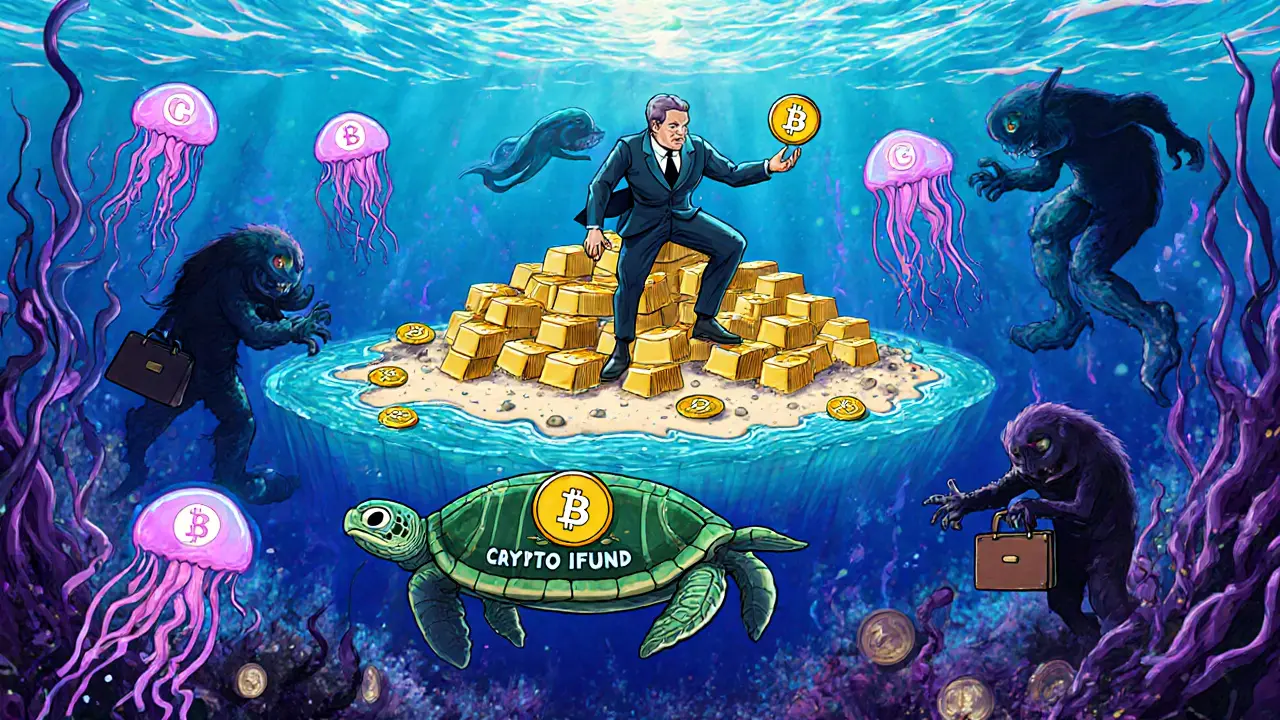 Cayman Islands as a floating gold island with a hedge fund manager on a crypto turtle, in Wes Wilson style.
