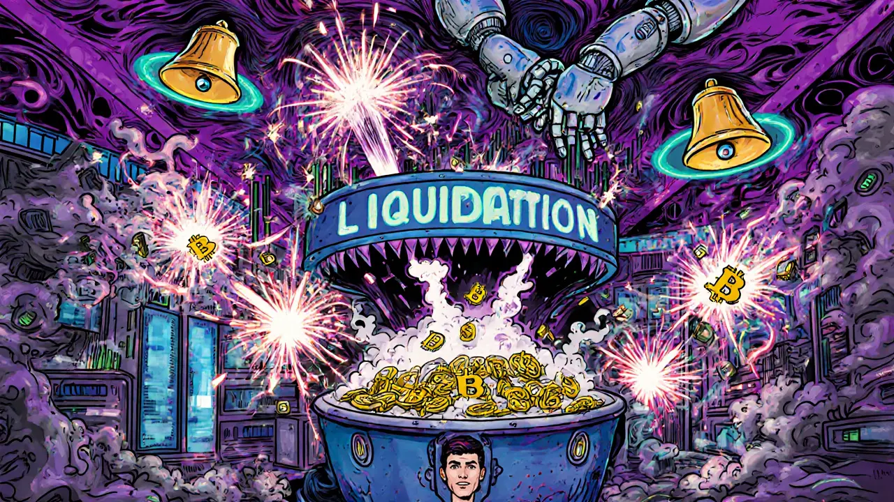 Chaotic crypto exchange with exploding leveraged positions and robotic liquidation hands.