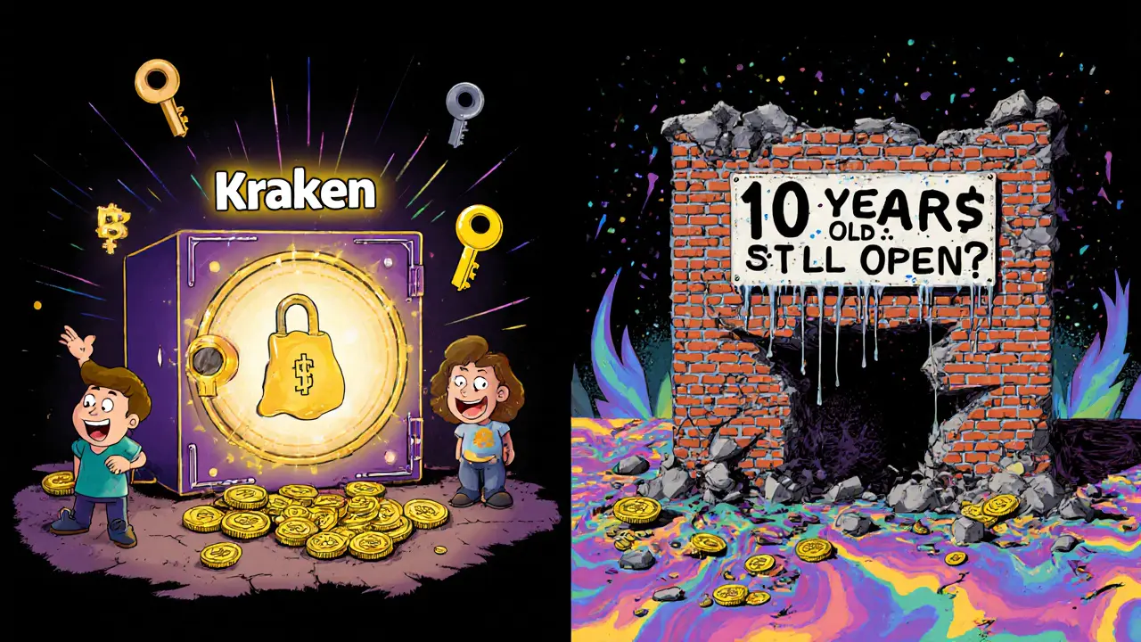 Contrast between secure Kraken vault and crumbling Mercatox building in psychedelic style.
