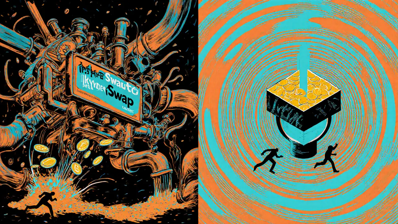 Contrasting chaotic failed engine vs. stable DEX hub in retro 1960s psychedelic art style.