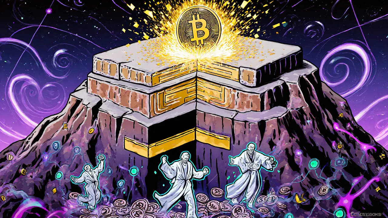 Cross-section of a blockchain mountain exploding at a halving event, with miners and AI avatars tumbling amid golden fractal sparks.