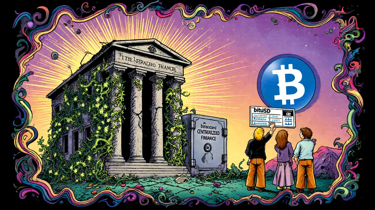 Crumbling bank overtaken by blockchain vines as users trade bitUSD on a floating order book.