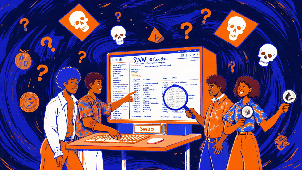 Diverse users interacting with SWAPP testnet, surrounded by warning signs and transaction hashes.
