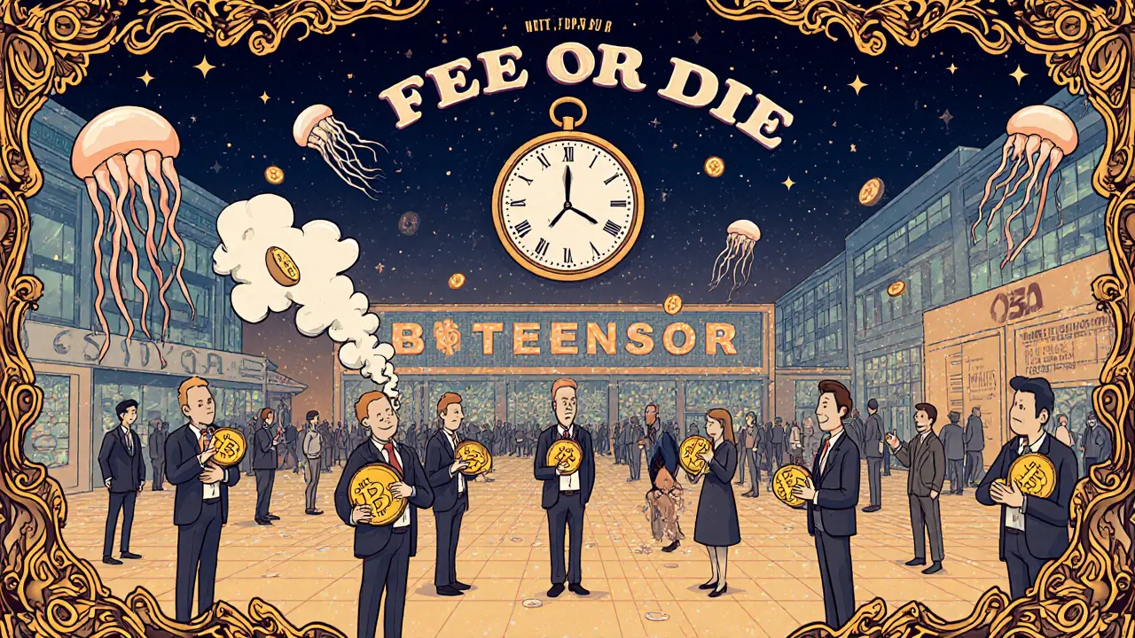 Dreamlike crypto marketplace under a clock ticking to 2028, with institutional traders and collapsing AI subnets in psychedelic style.