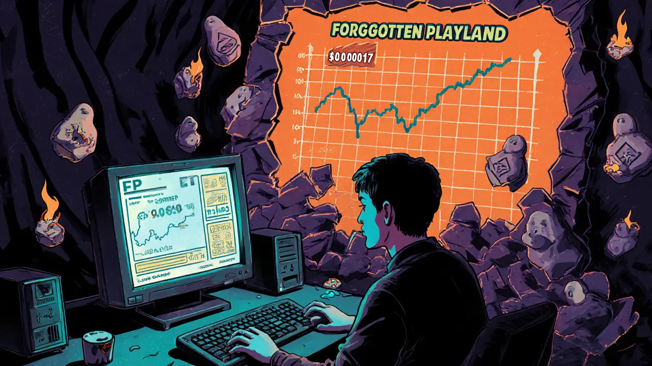 Gamer facing a crumbling FP price chart surrounded by dissolving NFT plush toys and gas flames.