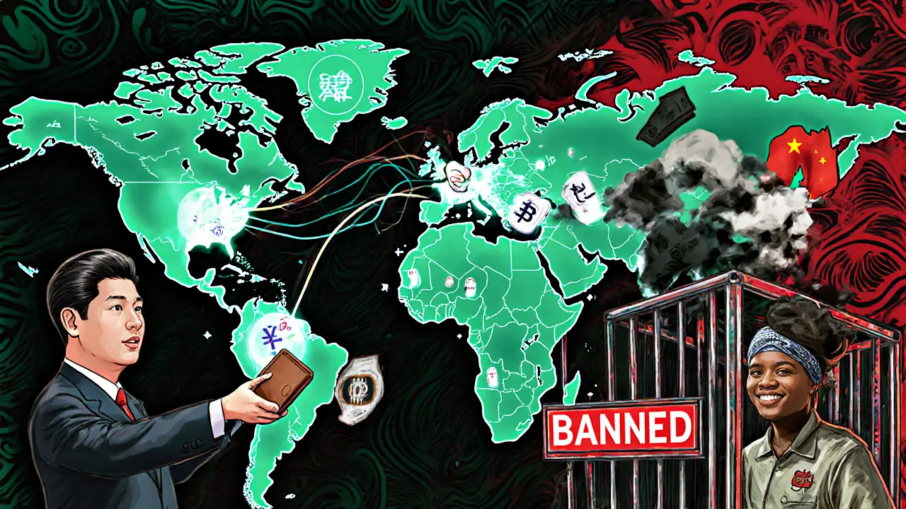Global map showing e-CNY spreading from China, replacing dollars, while a Bitcoin miner is locked in a digital cage.